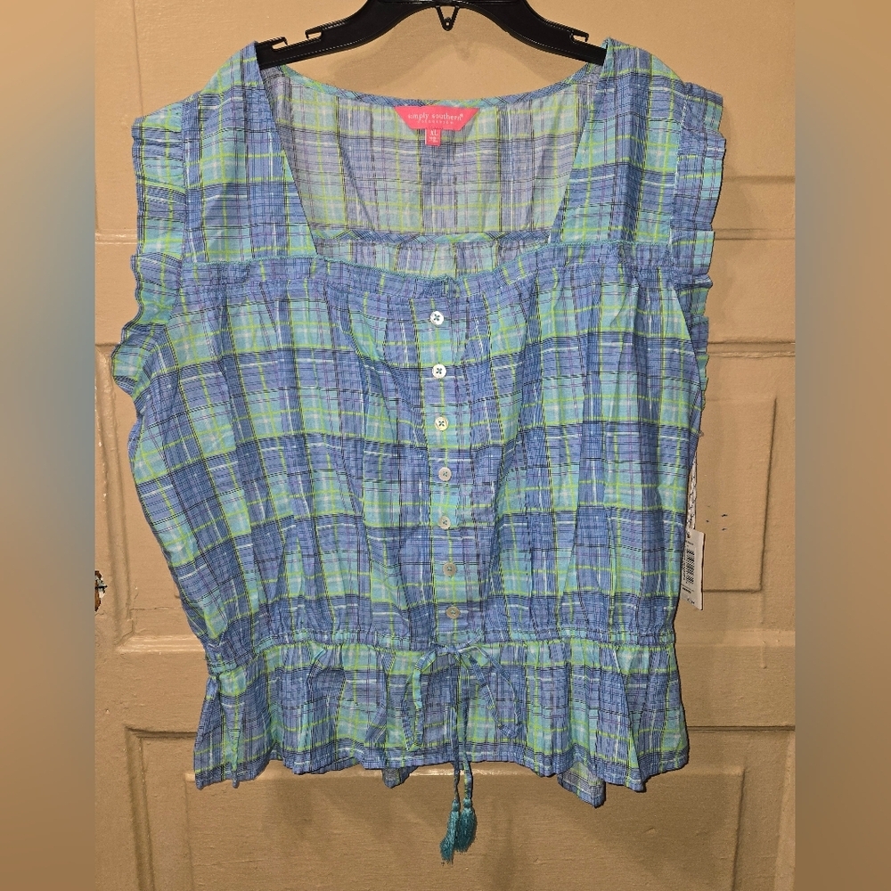 Simply Southern Smocked Green Blue Plaid Sleeveless Blouse NWT Size: XL